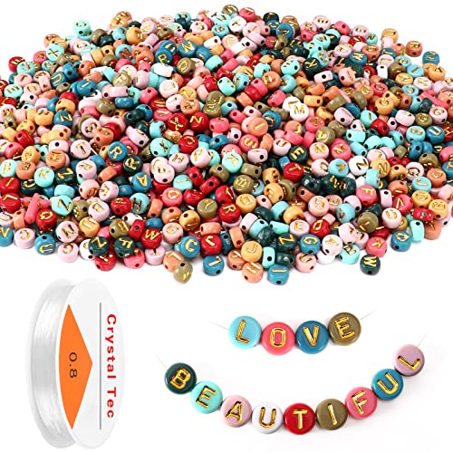 Colored Letter Beads, DECYOOL 1900Pcs 4×7mm Colorful Gold Acrylic Alphabet Beads with 1 Roll Elastic String for Bracelet Necklace Jewelry Making Supplies - Colorful Gold