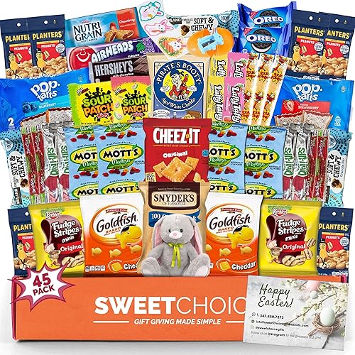 Easter Care Package (45ct) - Candy Snacks Treats Plush Bunny Cookies Gift Box Bundle Basket Fillers Stuffers Present Kids Adults Boys Girls College Student Child Grandchildren Toddlers