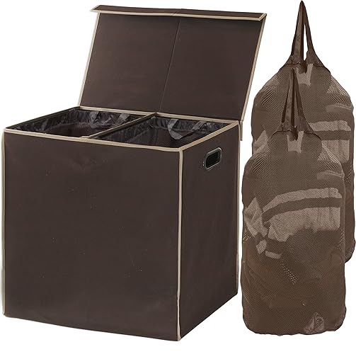 Simple Houseware Double Laundry Hamper with Lid and Removable Laundry Bags, Brown - Brown