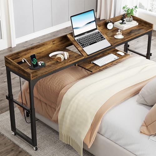 Tribesigns Height Adjustable Overbed Table with Wheels, Over Bed Desk with Adjustable Tilt Stand, Mobile Laptop Cart Computer Desk with Outlets & USB Ports (Rustic Brown) - Rustic Brown