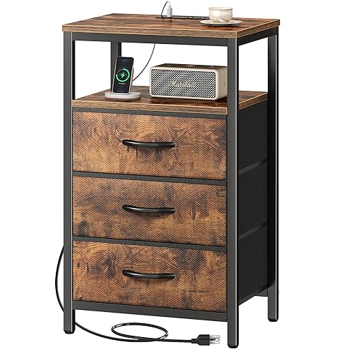 Huuger Nightstand with Charging Station, 27.6 Inch Bedside Table with Fabric Drawers, End Table Side Table with USB Ports and Outlets, Night Stand for Bedroom, Rustic Brown - 11.8"D x 15.7"W x 27.6"H (3 Drawers) - Rustic Brown - 1