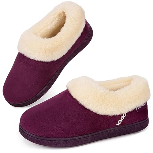 EverFoams Women's Faux Fur Bootie Slippers Ladies House Shoes with Bedroom Memory Foam and Indoor Outdoor Rubber Sole - 9-10 - Dark Aubergine
