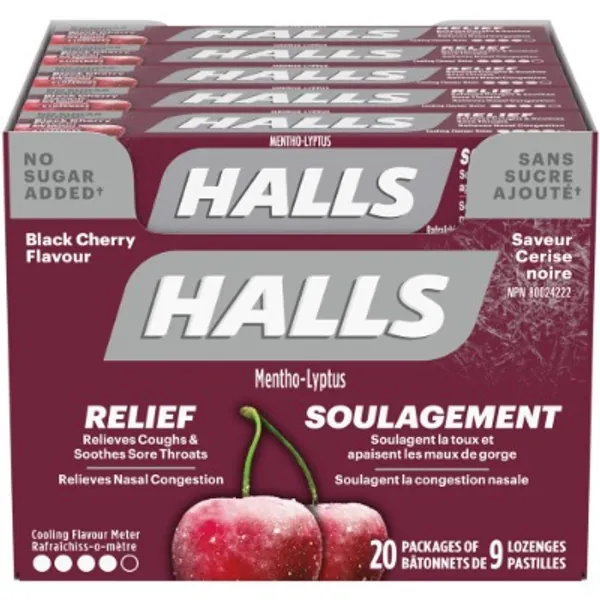 Halls No Sugar Added, Black Cherry Cough Drops 9 count, 20 Packs