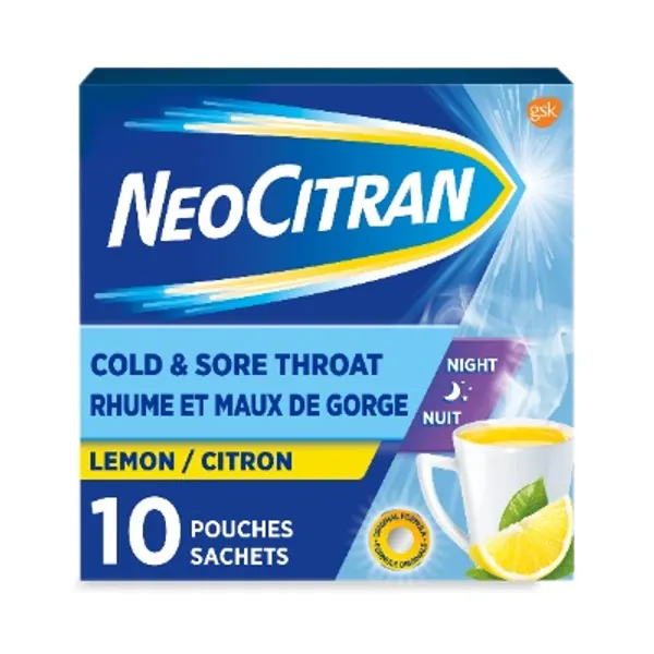 NeoCitran Cold and Sore Throat for Nighttime Relief, Lemon, 10 Count