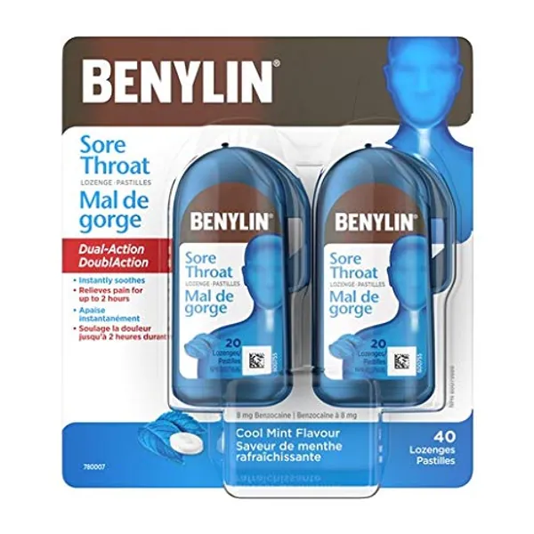 BENYLIN Sore Throat Lozenges, Soothes Your Throat, Cool Mint, 40ct