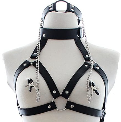 UTIMI Bondage Restraints BDSM Sex Toys Adjustable Bondage Gear & Accessories for Adult Couples, Chest Harness, Nipple Clamp, Neck Collar, and Open Mouth Gag 4 in-1 Sexy Toys Set Sex Game Tool, Black - Black