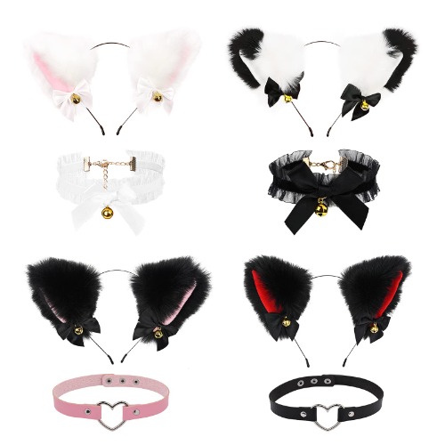 4PCS Cat Fox Faux Fur Ears Headband Cosplay Plush Furry Cat Ears Headwear with 4Pcs Choker Necklace Halloween Cosplay Costume Party Hair Accessories Hairbands for Women Adult - Style a