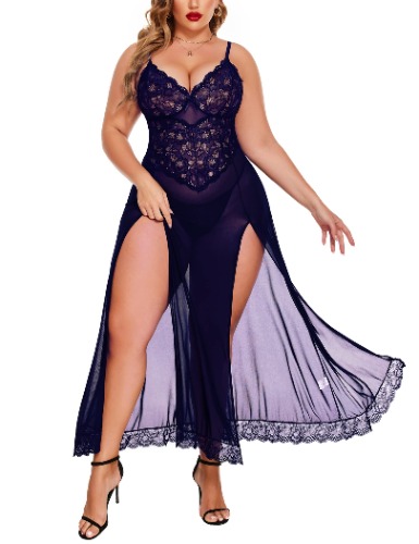 Avidlove Plus Size Lingerie For Women Babydoll Sexy Mesh Maxi Nightdress Strappy Exotic Sleepwear Side Slits - Purple 22 Plus