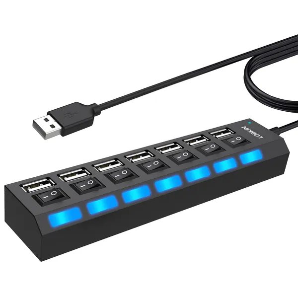 LOBKIN USB Hub 7-Port,USB 2.0 Data Hub with Individual On/Off Power Switches and Lights Portable USB Extension Hub for PC Laptop and More