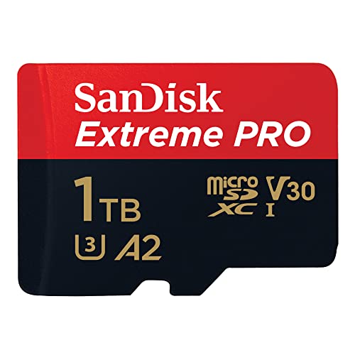 SanDisk Extreme PRO microSDXC UHS-I Memory Card 1 TB + Adapter & RescuePRO Deluxe (for Smartphones, Action Cameras or Drones, A2, Class 10, V30, U3, 200 MB/s Transfer) - Black, red - 1TB