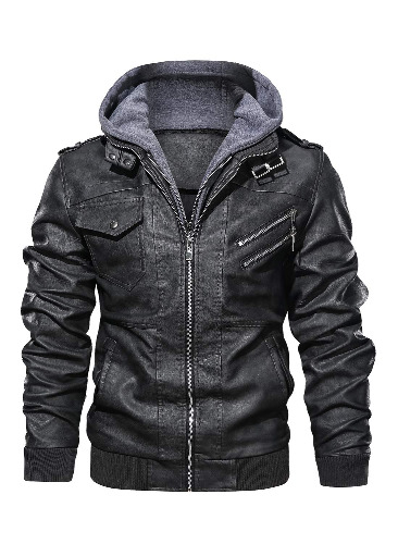 HOOD CREW Men’s Casual Stand Collar PU Faux Leather Zip-Up Motorcycle Bomber Jacket With a Removable Hood - Black XX-Large