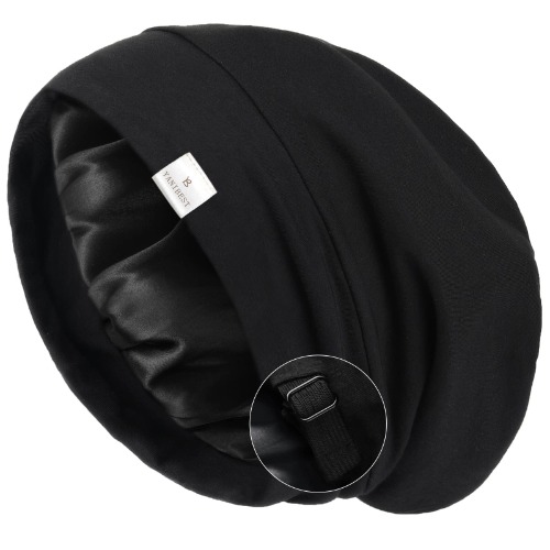 YANIBEST Silk Satin Bonnet Hair Cover Sleep Cap - Pure Black Adjustable Stay on Silk Lined Slouchy Beanie Hat for Night Sleeping