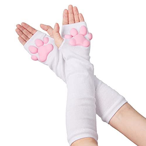 HOMEGYMFREE Cute Cat Paw Mittens Gloves, Kawaii Cat Cosplay Kawaii Soft 3D Toes Beans Fingerless Cat Claw Paws Pad Sleeve - White-long