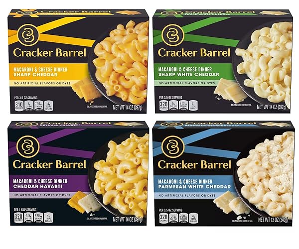 Macaroni and Cheese by Cracker Barrel in 4 Variety Packs - Sharp Cheddar, Cheddar Havarti, Sharp White Cheddar Flavor and Parmesan White Cheddar, An Instant Mac and Cheese Dinner Meal for the Whole Family, Pantry Staples