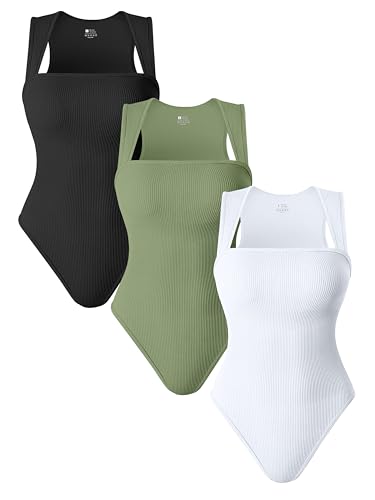 TOB Women's 3 Piece Bodysuits Sexy Ribbed Strappy Square Neck Sleeveless Shapewear Bodysuits - Black,pea Green,white - Large