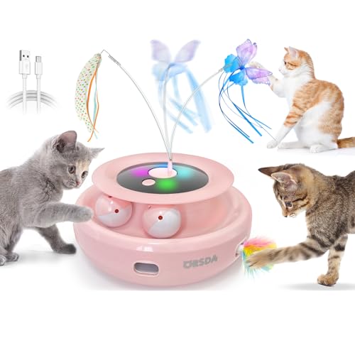 ORSDA 3-in-1 Cat Toys Rechargeable, Interactive Cat Toys for Indoor Cats Automatic Kitten Toy, Moving Ambush Feather, Fluttering Butterfly Toy, Track Balls, Whack a mole Cat Teaser with 6 Attachments - Pink