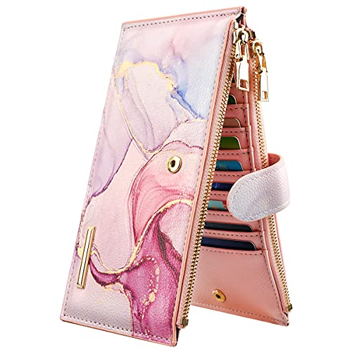 Coco Rossi Womens RFID Blocking Large Capacity Wallet Multi Card Organizer Bifold Wallet for Women with Zipper Pocket - Watercolor Pink
