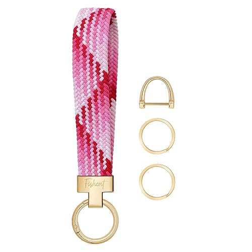 Fishent Stretchy Wristlet Keychain, Cute Key Chain, Woven Wrist Lanyard for Car Keys with 3 Keyrings and D-ring for Women Men - Strawberry Red