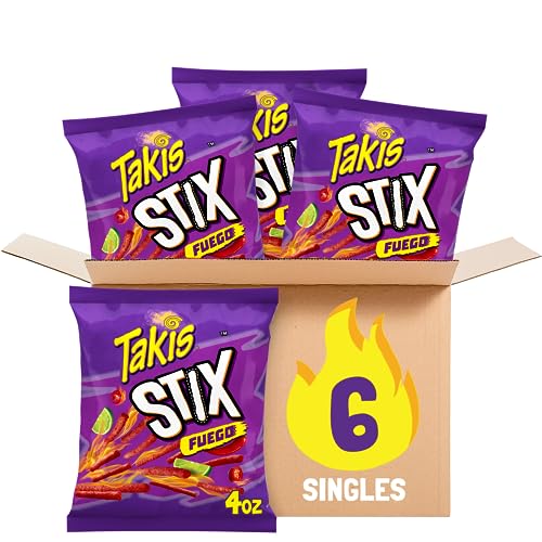 Takis Stix Fuego Spicy Corn Sticks, Hot Chili Pepper Lime Flavored Hot Chips, Multipack 6 Individual Bags, 4 Ounces Each