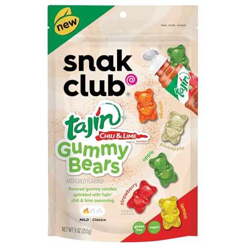 Snak Club Gummy Bears, Tajin Chili & Lime Sweet and Spicy Gummy Candy, Mild in Heat Bold in Flavor, Low-Fat, Vegan, Gluten-Free Snack, 9 oz Large Resealable Bag