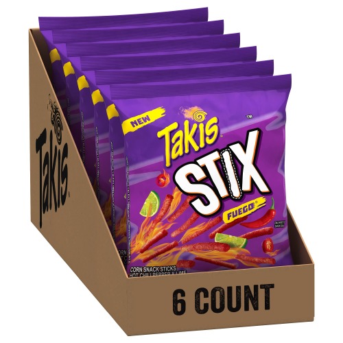 Takis Stix Fuego Corn Sticks, Hot Chili Pepper and Lime Artificially Flavored, 6 Individual Bags, 4 Ounces Each, Net Weight of 24 Ounces - Stix Fuego