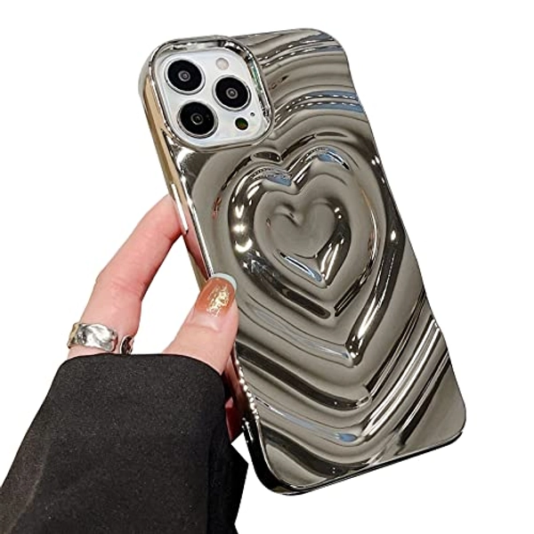 Yebowe for iPhone 13 Pro Max Case Luxury, Cute 3D Chrome Heart Phone Cover for Women Girls Water Ripple Silver Electroplated Soft Silicone Slim Bling Protective Case for iPhone 13 Pro Max
