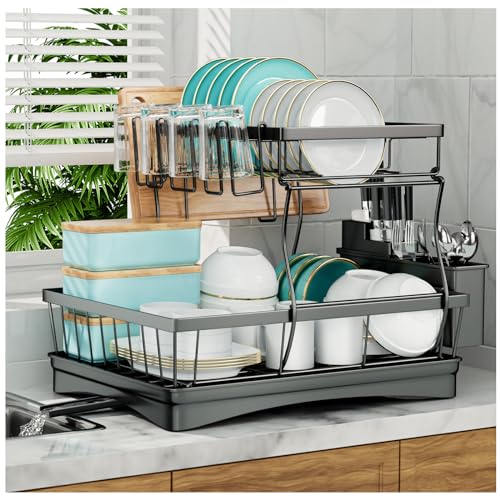 7 code Large Dish Drying Rack for Kitchen Counter, Detachable Large Capacity Dish Drainer Organizer with Utensil Holder, 2-Tier Dish Drying Rack with Drain Board, Black - Black