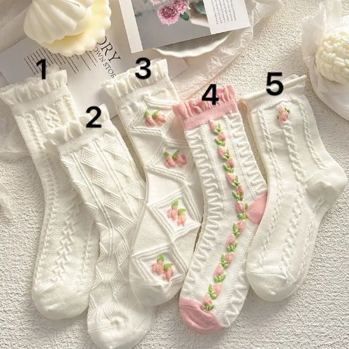 Textured Angelic Socks with Knit Detailing and Rosebud Embellishments - No1