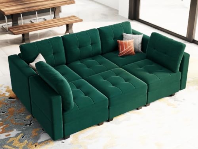 Belffin Modular Sectional Sofa with Storage Seats Velvet Fabric Sleeper Couch with Chaise and Ottomans 6 Seat Modular Sofa Bed Set Green - Green - Sleeper Sofa-6