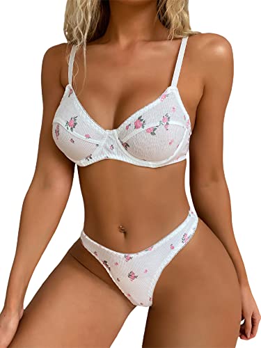 SweatyRocks Women's Print Triangle Bra and Panty 2 Piece Lingerie Set - Large - Floral White