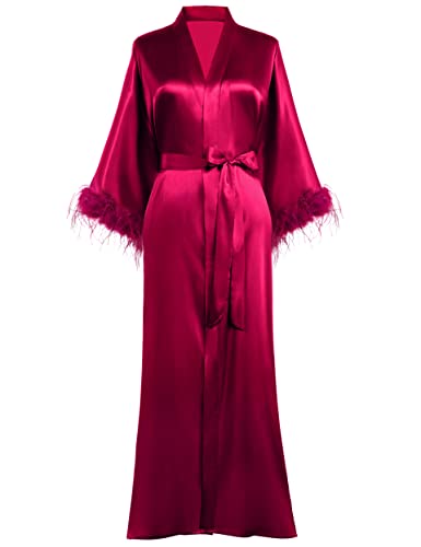 PRODESIGN Satin Kimono Robe Long Silky Bath Robe with Ostrich Feather Trim Sleepwear Wedding Bridesmaid Robe - One Size - Wine Red