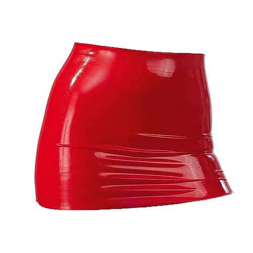 EXLATEX Women's Latex Rubber Gummi Black Mini Skirt - Large - Red