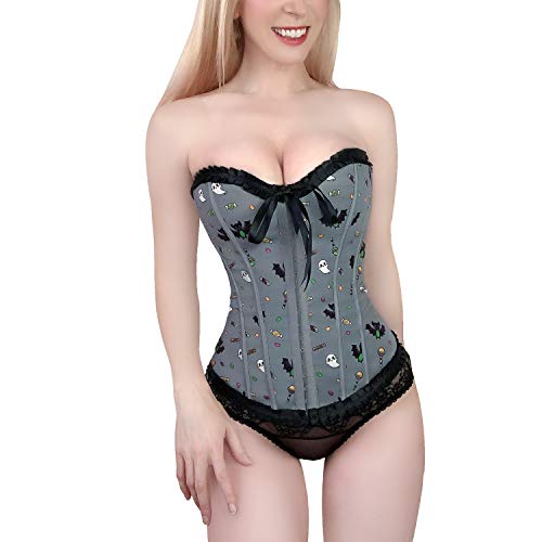 Littleforbig Women's Lace Up Boned Overbust Corset Bustier Bodyshaper Top - Sugar Bat Pattern - Medium - Grey