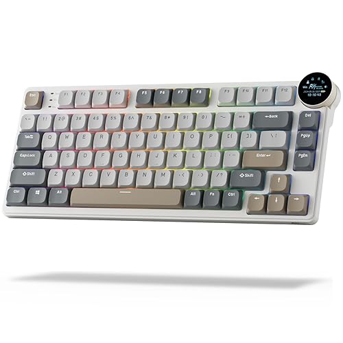 RK ROYAL KLUDGE N80 Low-Profile Mechanical Keyboard w/Smart Display Screen & Knob, Top Mount 75% Wireless Keyboard BT/2.4G/USB-C, Software Support, Massive Battery,80 Keys,Quiet Linear Red Switches - Low-Profile Linear Red Switch - Sandy Grey