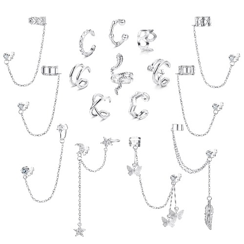 ADRAMATA 16Pcs Ear Cuff Earrings for Women Helix Cartilage Non Piercing Earrings Butterfly Feather Tassel Cuff Chain Ear Clip Earring Set