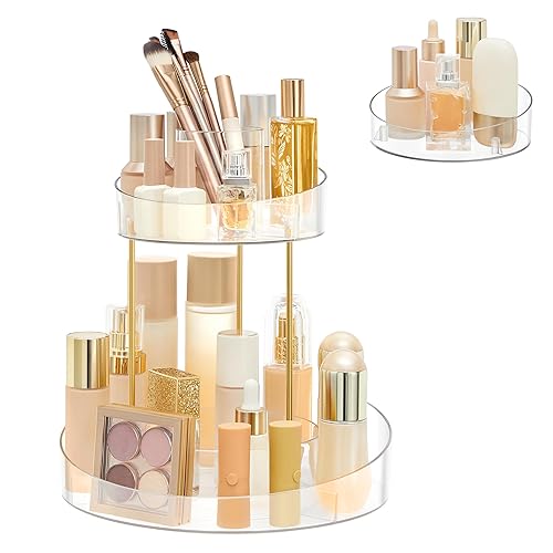 SONGMICS Makeup Organiser Rotating, Extra Top Tray Included, 2-Tier Round Skincare Organiser, Customisable, Large Capacity, Versatile for Vanity Bedroom Kitchen, Transparent JKA027W02 - Transparent