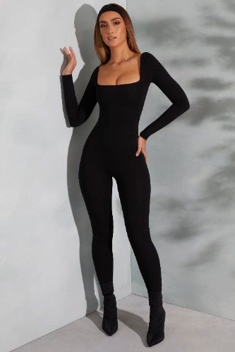 Square Neck Long Sleeve Jumpsuit in Black | 8
