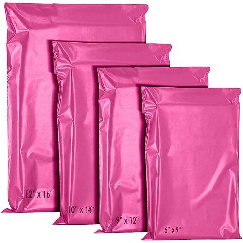 60 Mixed Mailing Postal Self-Seal Closure Plastic Bags - Envelopes for Posting Clothes, Postal, Packaging, Shipping Bags - Tempered Proof, Secure Medium Postage Bags - Mixed Sizes Hot Pink - 4 Size Mix 60