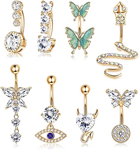 ADRAMATA 14G Belly Button Bars,Cute Gold Plated Snake Evil Eye Heart Clear CZ Butterfly Navel Rings,Dangle Belly bar for Women Belly Piercing Pack - B: Gold