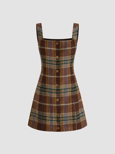 Wool-like fabrics Wool-look Tartan Button Up Mini Cami Dress For School