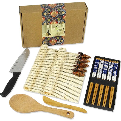 Artcome 15 Pieces Sushi Making Kit Professional Traditional Sushi Set with 1 Sushi Knife, 2 Bamboo Sushi Mats, 5 Pairs of Chopsticks, 5 Chopsticks Holders, 1 Tableware Bag, 1 Paddle and 1 Spreader - 