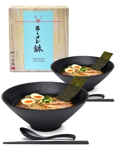 2 Sets 1700 milliliters Large Japanese Ramen Noodle Soup Bowl Dishware Ramen Bowls Set with Matching Spoon and Chopsticks for Udon Soba Pho Asian Noodles (2, Black, 23 Centimeters) - Black 2