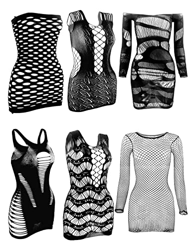 6 Pieces Women's Fishnet Lingerie Top Mesh Babydoll Chemises Dress,General Size - Black
