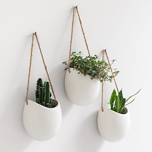 Kazai. Wall Planters -Ellie- | Hanging Ceramic Plant Pots 3 Pieces | Wall Decoration for Indoors, Balcony and Garden | White (Matte) - Set of 3 - Standard - White (Matte)