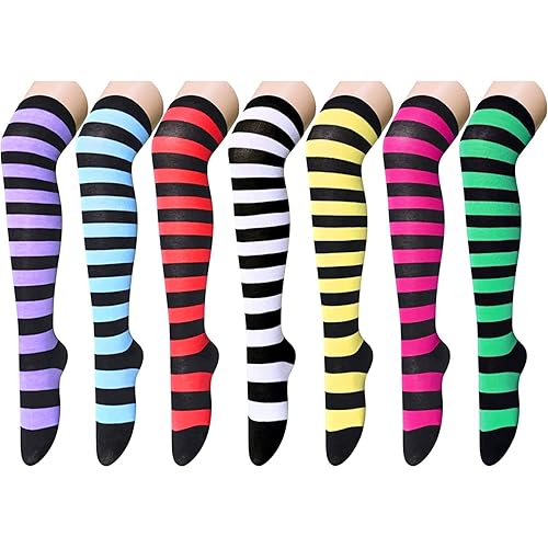 Zmart Striped Thigh High Socks Knee High Socks for Women Teen Girls, Over the Knee Long Socks - Medium - 7 Pairs Striped