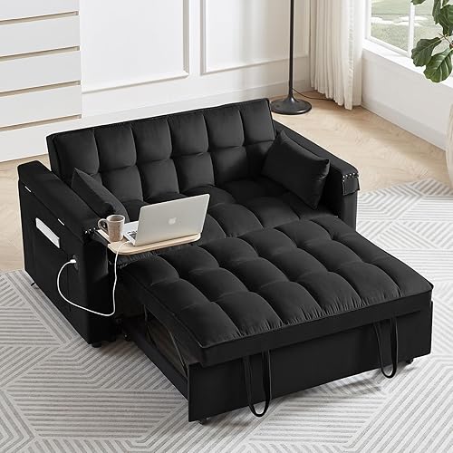 Convertible Sofa Bed,3-in-1 Velvet Sleeper Couch Pull-Out Bed,55'' Loveseat Sleeper Sofa Bed with Adjustable Backrest with 2 Pillows and Storage Bag & USB Port and Hidden Side Computer Table,Black - 01-black