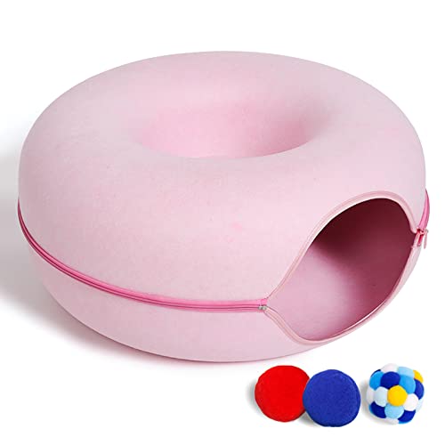 Large Cat Tunnel Bed for Indoor Cats with 3 Toys, Scratch Resistant Donut Cat Bed, Up to 30 Lbs (L 24x24x11, Pink) - L(24x24x11) - Pink