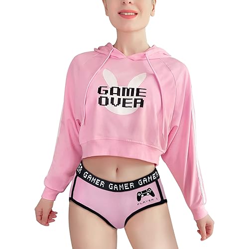 Littleforbig Women's Bunnywatch Cosplay Gaming Casual Regular Fit Long Sleeve Drawstring Cropped Hoodie Sweater Pink - Large - Pink