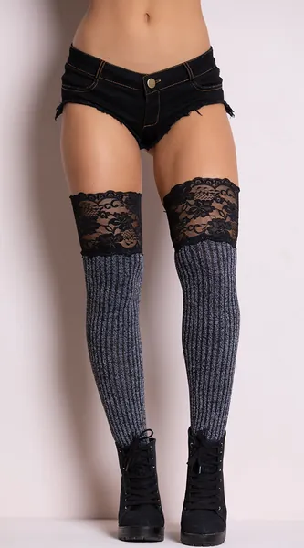 Knit Thigh High Socks with Lace Top | Gray/Black / One Size Fits Most