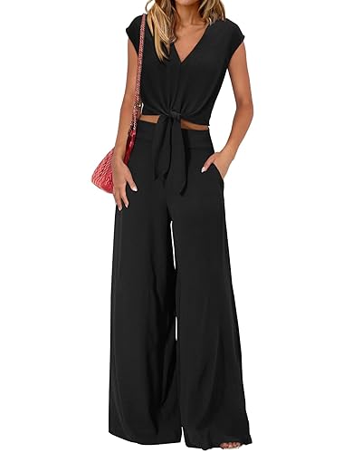 PRETTYGARDEN Women's Summer 2 Piece Outfits 2025 Cap Sleeve V Neck Belted Crop Tops Wide Leg Pant Sets Casual Tracksuit - Small - Solid Black